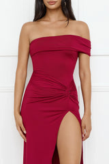 Lavish Luxe Off Shoulder Maxi Dress Burgundy