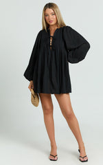 Suzette Mini Dress - High Neck Tie Front Long Sleeve Pleat Front Babydoll Dress in Black