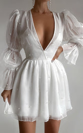 Solanna Mini Dress - Long Puff Sleeve V Neck Dress in White