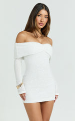 Virginia Mini Dress - Off Shoulder Sheer Sequin Knit Dress in White