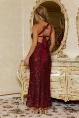Glittering Gaze Sequin One Shoulder Maxi Dress Red