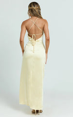 Heidi Maxi Dress - Satin Ruched Bust Tie Back Dress in Lemon