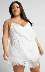 Siofra Mini Dress - Zig Zag Fringe Dress in White