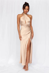 The Adeline Halter Satin Maxi Dress Champagne