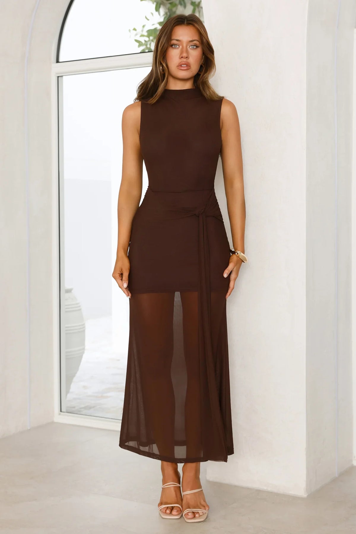 Dazzle Me Darling Mesh Maxi Dress Brown