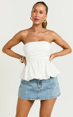 Karmen Top - Strapless Ruched Side Bubble Hem Top in Off White
